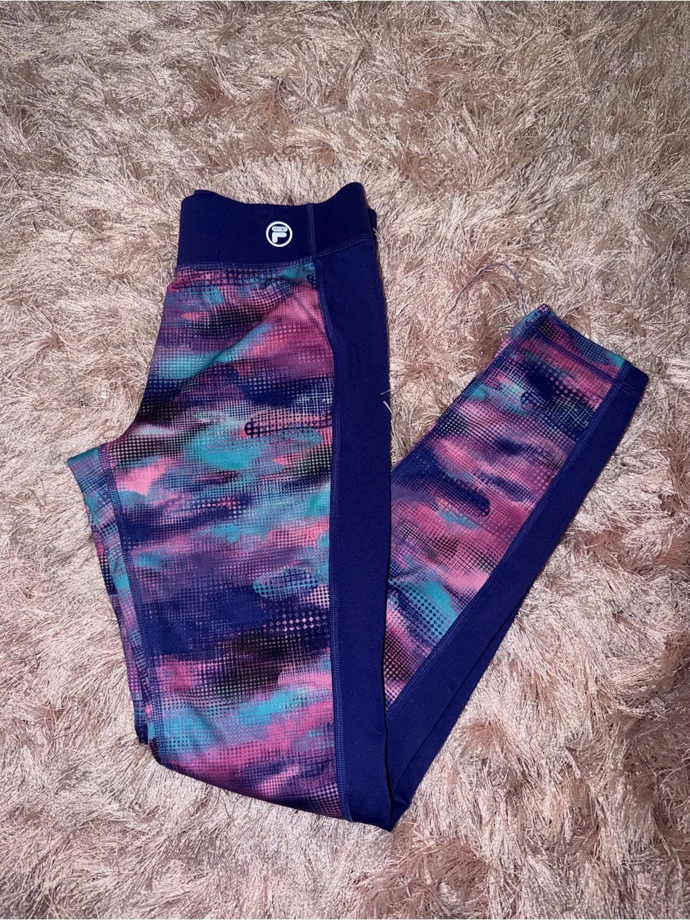 Fila Girls' Multicolor Tie-Dye Leggings with Navy Side Panels